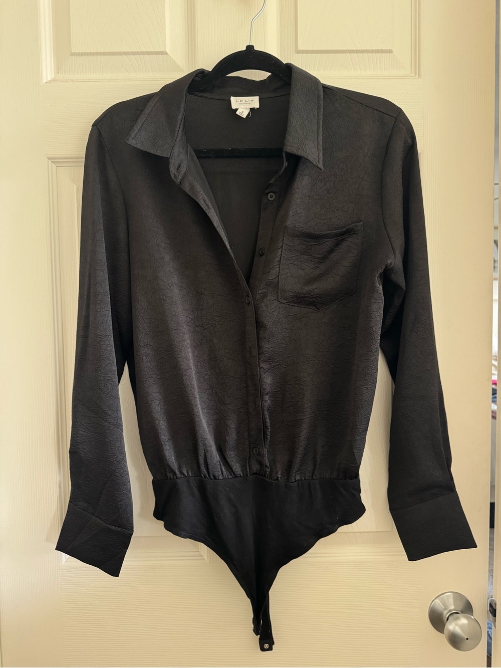Black Satin-Look Long Sleeve Bodysuit Shirt